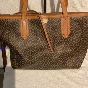 P448. Fossil Brown and Tan Treated Canvas Geometric Tote